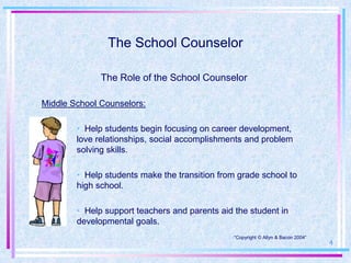 The School Counselor

              The Role of the School Counselor

Middle School Counselors:

        • Help students begin focusing on career development,
        love relationships, social accomplishments and problem
        solving skills.

        • Help students make the transition from grade school to
        high school.

        • Help support teachers and parents aid the student in
        developmental goals.
                                               •“Copyright © Allyn & Bacon 2004”
                                                                                   4
 
