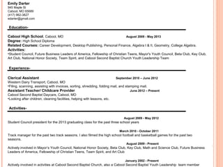 Emily Darter
945 Maple St
Cabool, MO 65689
(417) 962-3827
edarter@gmail.com

Education-

Cabool High School, Cabool, MO                                         August 2009 - May 2013
Degree: High School Diploma
Related Courses: Career Development, Desktop Publishing, Personal Finance, Algebra I & II, Geometry, College Algebra.
Activities:
•Student Council, Future Business Leaders of America, Fellowship of Christian Teens, Mayor's Youth Council, Beta Club, Key Club,
Art Club, National Honor Society, Team Spirit, and Cabool Second Baptist Church Youth Leadership Team

Experience-

Clerical Assistant                                                         September 2010 – June 2012
Western Dairy Transport, Cabool, MO
•Filing, scanning, assisting with invoices, sorting, shredding, folding mail, and stamping mail.
Assistant Teacher/ Childcare Provider                                               June 2012 – Present
Cabool Second Baptist Daycare, Cabool, MO
•Looking after children, cleaning facilities, helping with lessons, etc.

Activities-

                                                                                August 2009 - May 2012
Student Council president for the 2013 graduating class for the past three school years

                                                                             March 2010 - October 2011
Track manager for the past two track seasons. I also filmed the high school football and basketball games for the past two
seasons.
                                                                                 August 2009 - Present
Actively involved in Mayor’s Youth Council, National Honor Society, Beta Club, Key Club, Math and Science Club, Future Business
Leaders of America, Fellowship of Christian Teens, Team Spirit, and Art Club

                                                                                January 2002 - Present
Actively involved in activities at Cabool Second Baptist Church, also a Cabool Second Baptist Youth Leadership team member
 