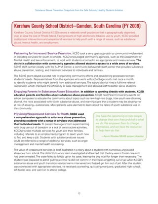 12
Substance Abuse Prevention: Snapshots from the Safe Schools/Healthy Students Initiative
Kershaw County School District—Camden, South Carolina (FY 2009)
Kershaw County School District (KCSD) serves a relatively small population that is geographically dispersed
over an area the size of Rhode Island. Facing reports of high alcohol and tobacco use by youth, KCSD provided
customized interventions and wraparound services to help youth with a range of issues, such as substance
abuse, mental health, and employment.
Partnering for Increased Service Provision. KCSD took a very open approach to community involvement
in providing services for youth in schools. KCSD encouraged community agencies, such as the Department of
Mental Health and law enforcement, to work with students at school in an appropriate and measured way. The
district’s collaboration with community agencies allowed students access to a wide array of services.
SS/HS staff partner closely with the ALPHA Center, a community behavioral health center that provides substance
abuse prevention, testing, and treatment services to individuals and families.
The SS/HS grant played a pivotal role in organizing community efforts and establishing processes to meet
students’ needs. Representatives from the agencies who work with school-age youth met once a month
to identify students who might benefit from additional services. The school district hired a full-time referral
coordinator, which improved the efficiency of case management and allowed staff to better serve students.
Engaging Parents in Substance Abuse Education. In addition to working directly with students, KCSD
educated parents and families about substance abuse prevention. KCSD held Parent University events on
school campuses to educate the community about topics such as new high-risk drugs, how youth are obtaining
alcohol, the risks associated with youth substance abuse, and warning signs that a student may be abusing—or
at risk of abusing—substances. Most parents were alarmed to learn about the rates of youth substance use in
the community.
Providing Wraparound Services forYouth. KCSD used
a comprehensive approach to substance abuse prevention,
providing students with a range of services that addressed
their individual needs. To prevent teenagers from experimenting
with drug use out of boredom or a lack of constructive activities,
KCSD provided multiple services for youth and their families,
including referrals to an employment program to teach youth how
to find and keep a job. Students with substance abuse issues
could be referred to a range of additional services, such as anger
management and mental health counseling.
The value of wraparound services is best illustrated in a story about a student with numerous unexcused
absences from school. The district’s truancy team investigated and learned that the boy was in foster care and
had been arrested. The state failed to follow up on his case, leaving the boy in jail for longer than necessary. The
student was prepared to admit guilt to a crime he did not commit in the hopes of getting out of jail when KCSD’s
substance abuse and youth transition service teams intervened and helped get him out of jail. After the student
was connected with appropriate services, he received counseling, quit using marijuana, graduated high school,
left foster care, and went on to attend college.
We have the opportunity to help people
to change their own lives and that is what
we do. We empower them to change
themselves, and we have the resources
to help them do that.
—Kevin Rhodes SS/HS project director
 