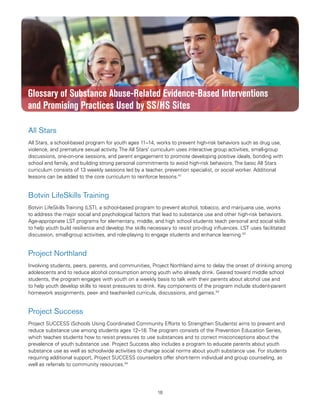 18
Substance Abuse Prevention: Snapshots from the Safe Schools/Healthy Students Initiative
Glossary of Substance Abuse-Related Evidence-Based Interventions
and Promising Practices Used by SS/HS Sites
All Stars
All Stars, a school-based program for youth ages 11–14, works to prevent high-risk behaviors such as drug use,
violence, and premature sexual activity.The All Stars’ curriculum uses interactive group activities, small-group
discussions, one-on-one sessions, and parent engagement to promote developing positive ideals, bonding with
school and family, and building strong personal commitments to avoid high-risk behaviors.The basic All Stars
curriculum consists of 13 weekly sessions led by a teacher, prevention specialist, or social worker. Additional
lessons can be added to the core curriculum to reinforce lessons.41
Botvin LifeSkills Training
Botvin LifeSkills Training (LST), a school-based program to prevent alcohol, tobacco, and marijuana use, works
to address the major social and psychological factors that lead to substance use and other high-risk behaviors.
Age-appropriate LST programs for elementary, middle, and high school students teach personal and social skills
to help youth build resilience and develop the skills necessary to resist pro-drug influences. LST uses facilitated
discussion, small-group activities, and role-playing to engage students and enhance learning.42
Project Northland
Involving students, peers, parents, and communities, Project Northland aims to delay the onset of drinking among
adolescents and to reduce alcohol consumption among youth who already drink. Geared toward middle school
students, the program engages with youth on a weekly basis to talk with their parents about alcohol use and
to help youth develop skills to resist pressures to drink. Key components of the program include student-parent
homework assignments, peer- and teacher-led curricula, discussions, and games.43
Project Success
Project SUCCESS (Schools Using Coordinated Community Efforts to Strengthen Students) aims to prevent and
reduce substance use among students ages 12–18. The program consists of the Prevention Education Series,
which teaches students how to resist pressures to use substances and to correct misconceptions about the
prevalence of youth substance use. Project Success also includes a program to educate parents about youth
substance use as well as schoolwide activities to change social norms about youth substance use. For students
requiring additional support, Project SUCCESS counselors offer short-term individual and group counseling, as
well as referrals to community resources.44
 