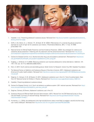 20
Substance Abuse Prevention: Snapshots from the Safe Schools/Healthy Students Initiative
Endnotes
1. Hazelden. (n.d.). Preventing adolescent substance abuse. Retrieved from http://www.hazelden.org/web/public/substance_
abuse_prevention.page
2. Griffin, K. W., Botvin, G. J., Nichols, T. R., & Doyle, M. M. (2003). Effectiveness of a universal drug abuse prevention
approach for youth at high risk for substance use initiation. Preventative Medicine, 36(1), 1–7. doi: 10.1006/
pmed.2002.1133
3. National Center for Mental Health Prevention and Youth Violence Prevention. (2004). Key strategies for violence and
substance abuse prevention II: Working with the classroom and the school environment. Retrieved from http://www.
promoteprevent.org/publications/prevention-briefs/key-strategies-violence-and-substance-abuse-prevention-ii-working-cla
4. Centers for Disease Control. (n.d.). Alcohol and other drug use and academic achievement. Retrieved from http://www.
cdc.gov/HealthyYouth/health_and_academics/pdf/alcohol_other_drug.pdf
5. Engberg, J., & Morral, A. R. (2006). Reducing substance use improves adolescents’ school attendance. Addiction, 101,
1741–1751. doi: 10.1111/j.1360-0443.2006.01544.x
6. Klein, A. (2011). Youth violence and alcohol/drug abuse. Butler Center for Research. Center City, MN: Hazelden Foundation.
7. The National Center on Addiction and Substance Abuse at Columbia University. (2011). Adolescent substance use:
America’s #1 public health problem. Retrieved from http://www.casacolumbia.org/upload/2011/20110629adolescentsubsta
nceuse.pdf
8. Stagman, S., Schwarz, S. W., & Powers, D. (2011). Adolescent substance use in the U.S.: Facts for policymakers. New
York, NY: National Center for Children in Poverty. Retrieved from http://www.nccp.org/publications/pub_1008.html
9. Hazelden, Preventing adolescent substance abuse
10. Centers for Disease Control. (n.d.). Youth risk behavior surveillance system: 2011 national overview. Retrieved from http://
www.cdc.gov/healthyyouth/yrbs/pdf/us_overview_yrbs.pdf
11. Stagman, Schwarz, & Powers, Adolescent substance use in the U.S.
12. Substance Abuse and Mental Health Services Administration. (2011). Results from the 2011National Survey on Drug
Use and Health: Summary of national findings. Retrieved from http://www.samhsa.gov/data/nsduh/2k11results/
nsduhresults2011.htm#2.7
13. Humensky, J. L. (2010). Are adolescents with high socioeconomic status more likely to engage in alcohol and illicit drug
use in early childhood?. Retrieved from http://www.ncbi.nlm.nih.gov/pmc/articles/PMC2924306/
 