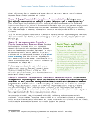 6
Substance Abuse Prevention: Snapshots from the Safe Schools/Healthy Students Initiative
current programming or adopt new EBIs. The Glossary describes the substance abuse EBIs and promising
programs used by the sites featured in this Snapshot.
Strategy 4: Engage Students in Substance Abuse Prevention Initiatives. Schools provide an
ideal setting for peer mentoring and leadership programs that engage youth as prevention partners.37
Many schools have encountered success involving students with substance abuse prevention design and
implementation. Students can assist with data collection and analysis, design prevention campaigns that resonate
with peers, and participate in focus groups to test program messages and delivery. Involving students helps
them to become leaders in prevention, gain a sense of ownership over programming, and buy in to prevention
messages.
Youth can also provide peer-to-peer support to students who are at risk for or are experimenting with substances.
Their voices resonate more than adult voices, and struggling youth may be more likely to open up to someone
their own age.
Strategy 5: Use Communications Strategies to
Educate Students about Substance Abuse. Substance
abuse education, when used alone, is not effective for
preventing and reducing youth substance abuse. However,
communications campaigns that educate students can support
comprehensive substance abuse prevention programming.
Campaigns that include normative information, such as social
norms marketing**
(see box), can correct misperceptions
about peer substance use and support a substance-free school
climate. Such campaigns have been successful in reducing high
school alcohol and tobacco use.38
Media campaigns can be used to build student, parent,
and community awareness about youth substance abuse.
Consistent messaging at home, in schools, and in the
community can help shift cultural norms about substances and
prevent youth substance abuse.40
Strategy 6: Incorporate Early Intervention andTreatment into Prevention Work. School substance
abuse prevention programming must include early intervention for students who are experimenting with
substances, and also a protocol for referring students with substance abuse issues to effective treatment
programs. School staff who suspect a student is struggling with substance use, and students who are caught
violating school substance abuse policies, can be referred to school-based substance abuse counselors for
evaluation and counseling. When further intervention is warranted, or the school does not have the staff to
provide intervention, staff can refer students to community substance abuse intervention and treatment partners,
following protocols outlined in the school’s substance abuse policies.
Administrators can support these procedures by training staff to recognize, evaluate, and refer students
suspected of using substances. Elementary, middle, and high school staff can also conduct brief interviews to
identify students at risk for or abusing substances, and connect students with programs that prevent and mitigate
substance abuse. Many of these programs include family education and supports.
Social Norms and Social
Norms Marketing
Social norms are the perceived standards
of acceptable attitudes and behavior
prevalent within a community. Social norms
marketing uses commercial marketing
techniques in an effort to modify or correct
normative beliefs about a certain behavior
and ultimately change behavior in a positive
way. There is evidence that social norms
marketing is a promising approach to
alcohol education.39
**	 Evidence-based intervention and promising programs marked with blue-bold are described in the Glossary.
 