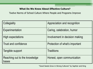 What Do We Know About Effective Culture?
     Twelve Norms of School Culture Where People and Programs Improve



Collegiality                              Appreciation and recognition

Experimentation                           Caring, celebration, humor

High expectations                         Involvement in decision making

Trust and confidence                      Protection of what’s important

Tangible support                          Traditions

Reaching out to the knowledge             Honest, open communication
bases
                                “Good Seeds Grow in Strong Cultures” by Saphier and King
 