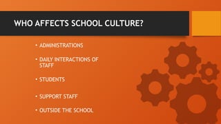 • ADMINISTRATIONS
WHO AFFECTS SCHOOL CULTURE?
• DAILY INTERACTIONS OF
STAFF
• STUDENTS
• SUPPORT STAFF
• OUTSIDE THE SCHOOL
 