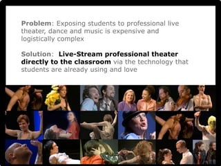 Problem: Exposing students to professional live 
theater, dance and music is expensive and 
logistically complex 
! 
Solution: Live-Stream professional theater 
directly to the classroom via the technology that 
students are already using and love 
 