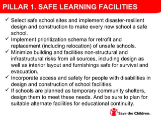  Select safe school sites and implement disaster-resilient
design and construction to make every new school a safe
school.
 Implement prioritization schema for retrofit and
replacement (including relocation) of unsafe schools.
 Minimize building and facilities non-structural and
infrastructural risks from all sources, including design as
well as interior layout and furnishings safe for survival and
evacuation.
 Incorporate access and safety for people with disabilities in
design and construction of school facilities.
 If schools are planned as temporary community shelters,
design them to meet these needs. And be sure to plan for
suitable alternate facilities for educational continuity.
PILLAR 1. SAFE LEARNING FACILITIES
 