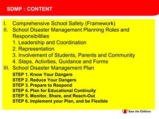 I. Comprehensive School Safety (Framework)
II. School Disaster Management Planning Roles and
Responsibilities
1. Leadership and Coordination
2. Representation
3. Involvement of Students, Parents and Community
4. Steps, Activities, Guidance and Forms
III. School Disaster Management Plan
STEP 1. Know Your Dangers
STEP 2. Reduce Your Dangers
STEP 3. Prepare to Respond
STEP 4. Plan for Educational Continuity
STEP 5. Monitor, Share, and Reach-Out
STEP 6. Implement your Plan, and be Flexible
SDMP : CONTENT
 
