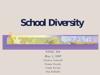 School   Diversity EDUC 364 May 5, 2009 Chelsea Todoroff Donna Twardy Cindy Pacino Dan Zalinski 