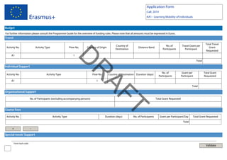 Application Form
Call: 2014

Erasmus+

KA1 - Learning Mobility of Individuals

Budget
For further information please consult the Programme Guide for the overview of funding rules. Please note that all amounts must be expressed in Euros.

Travel
Activity No.

Activity Type

Flow No.

Country of
Destination

Distance Band

No. of
Participants

Travel Grant per
Participant

Total Travel
Grant
Requested

1

D

A1

Country of Origin

Individual Support
Activity Type

Flow No.

Country of Destination Duration (days)

No. of
Participants

Grant per
Participant

Total Grant
Requested

1

Organisational Support
No. of Participants (excluding accompanying persons)

Course Fees
Activity No.

Activity Type

T
AF

A1

R

Activity No.

Total

Duration (days)

No. of Participants

Total

Total Grant Requested

Grant per Participant/Day

Total Grant Requested

Total

+

-

Special needs' Support
Form hash code:

Validate

 