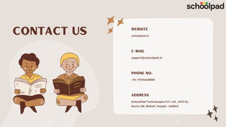 Contact us Website
schoolpad.in
E-mail
support@schoolpad.in
phone no.
+91-9769660000
address
SchoolPad Technologies Pvt. Ltd., SCO 46,
Sector 80, Mohali, Punjab- 160062
