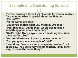 Example of a Questioning Episode

 “On the board are three lists of words for you to analyze
    for a minute. What is special about the first two
    lists…Amy?”
   “All the words are alike.”
   “Could you explain what you mean by are alike?”
   “Well, they‟re all words that I would use to mean
    something good about somebody.”
   “That‟s right. Does anyone notice anything else about
    these words…Bob?”
   “You could use one of them to mean the other.”
   “Can you give me an example of this?”
   “I could say, „You are a very competent teacher,‟ or I
    could say, „You are a very skillful teacher,‟ and, either
    way, id mean the same thing.”
 