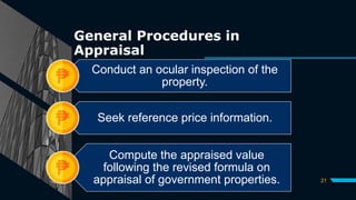21
Conduct an ocular inspection of the
property.
Seek reference price information.
Compute the appraised value
following the revised formula on
appraisal of government properties.
General Procedures in
Appraisal
 