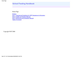 Home Page

School Feeding Handbook

Home Page
Preface
Part 1: Operational Guidelines for WFP Assistance to Education
Part 2: Health and Nutrition Manual
Part 3: Monitoring and Evaluation Manual
Table of Contents

Copyright WFP 2000

http://10.11.32.13/schoolfeed/ [09/29/2000 16:39:12]

 