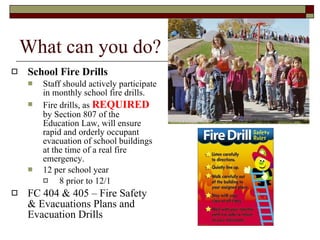 What can you do? School Fire Drills Staff should actively participate in monthly school fire drills. Fire drills, as  REQUIRED  by Section 807 of the Education Law, will ensure rapid and orderly occupant evacuation of school buildings at the time of a real fire emergency. 12 per school year 8 prior to 12/1 FC 404 & 405 – Fire Safety & Evacuations Plans and Evacuation Drills 