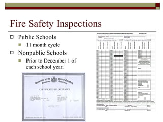Fire Safety Inspections Public Schools 11 month cycle Nonpublic Schools Prior to December 1 of each school year. 