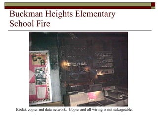 Buckman Heights Elementary  School Fire Kodak copier and data network.  Copier and all wiring is not salvageable. 
