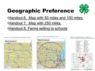 Geographic Preference
•Handout 6. Map with 50 miles and 100 miles.
•Handout 7. Map with 250 miles.
•Handout 8. Farms selling to schools
 