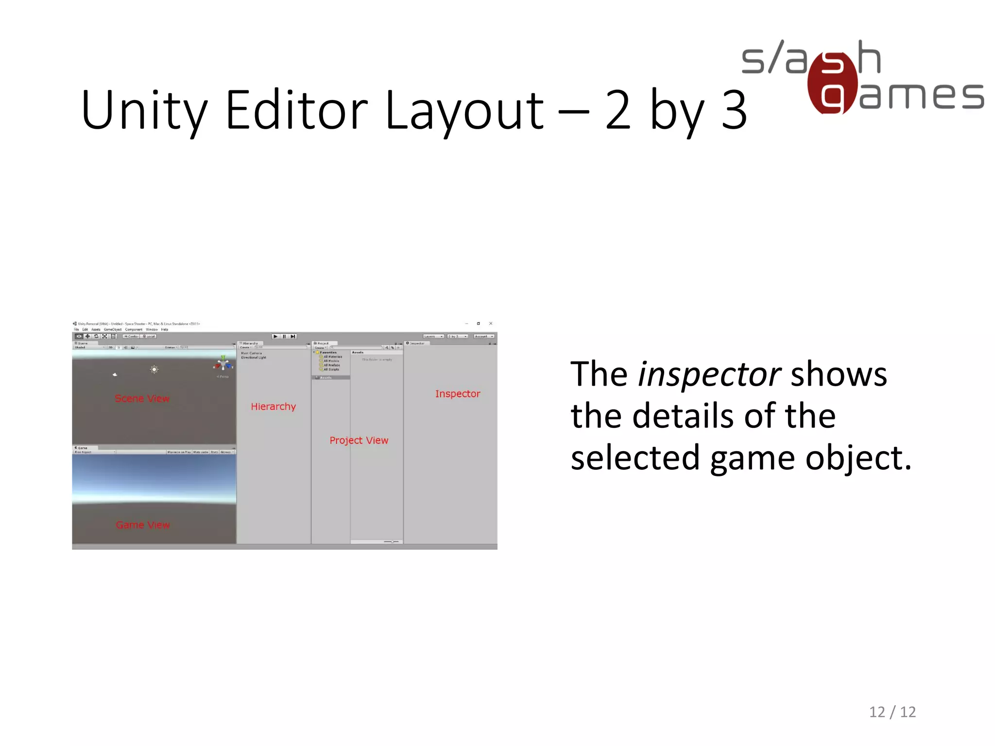 Unity Editor Layout – 2 by 3
The inspector shows
the details of the
selected game object.
12 / 12
 