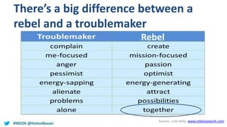 #MEDX @HelenBevan
Source : Lois Kelly www.rebelsatwork.com
There’s a big difference between a
rebel and a troublemaker
Reb...