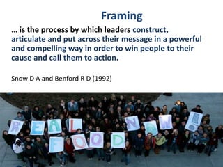 #SHCR @HelenBevan
Framing
… is the process by which leaders construct,
articulate and put across their message in a powerful
and compelling way in order to win people to their
cause and call them to action.
Snow D A and Benford R D (1992)
 