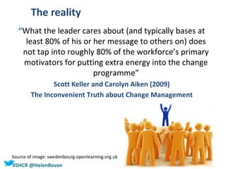 #SHCR @HelenBevan
The reality
“What the leader cares about (and typically bases at
least 80% of his or her message to others on) does
not tap into roughly 80% of the workforce’s primary
motivators for putting extra energy into the change
programme”
Scott Keller and Carolyn Aiken (2009)
The Inconvenient Truth about Change Management
Source of image: swedenbourg-openlearning.org.uk
 