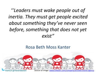 #SHCR @HelenBevan
‘‘Leaders must wake people out of
inertia. They must get people excited
about something they’ve never seen
before, something that does not yet
exist”
Rosa Beth Moss Kanter
Source of image: www.linkedin.com/company/activate-brand-agency
 