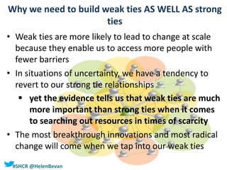 #SHCR @HelenBevan
Why we need to build weak ties AS WELL AS strong
ties
• Weak ties are more likely to lead to change at scale
because they enable us to access more people with
fewer barriers
• In situations of uncertainty, we have a tendency to
revert to our strong tie relationships
 yet the evidence tells us that weak ties are much
more important than strong ties when it comes
to searching out resources in times of scarcity
• The most breakthrough innovations and most radical
change will come when we tap into our weak ties
 