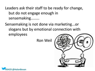 #SHCR @HelenBevan
Leaders ask their staff to be ready for change,
but do not engage enough in
sensemaking........
Sensemaking is not done via marketing...or
slogans but by emotional connection with
employees
Ron Weil
 