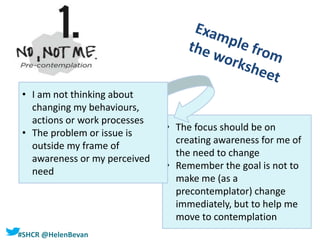#SHCR @HelenBevan
• The focus should be on
creating awareness for me of
the need to change
• Remember the goal is not to
make me (as a
precontemplator) change
immediately, but to help me
move to contemplation
• I am not thinking about
changing my behaviours,
actions or work processes
• The problem or issue is
outside my frame of
awareness or my perceived
need
 