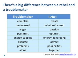 #SHCR @HelenBevan
Source : Lois Kelly www.foghound.com
There’s a big difference between a rebel and
a troublemaker
Rebel
 