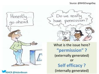 #SHCR @HelenBevan
Source: @NHSChangeDay
What is the issue here?
“permission” ?
(externally generated)
or
Self efficacy ?
(internally generated)
 