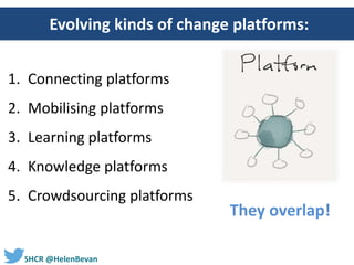 #SHCR @HelenBevan
Evolving kinds of change platforms:
They overlap!
1. Connecting platforms
2. Mobilising platforms
3. Learning platforms
4. Knowledge platforms
5. Crowdsourcing platforms
 