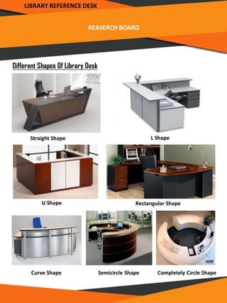 REASERCH BOARD
LIBRARY REFERENCE DESK
Different Shapes Of Library Desk
Straight Shape L Shape
U Shape
Semicircle Shape Completely Circle Shape
Rectangular Shape
Curve Shape
 