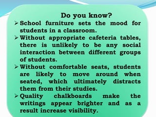 Do you know?
 School furniture sets the mood for
students in a classroom.
 Without appropriate cafeteria tables,
there is unlikely to be any social
interaction between different groups
of students.
 Without comfortable seats, students
are likely to move around when
seated, which ultimately distracts
them from their studies.
 Quality chalkboards make the
writings appear brighter and as a
result increase visibility.
 