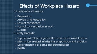 Effects of Workplace Hazard
5.Psychological Hazards:
● Depression
● Anxiety and Frustration
● Loss of confidence
● Loss of concentration at work
● Suicide
6.Safety Hazards:
● Trip hazard related injuries like head injuries and fracture
● Mechanical related injuries like amputation and avulsion
● Major Injuries like coma and electrocution
● Death
 