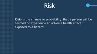 Risk
Risk- Is the chance or probability that a person will be
harmed or experience an adverse health effect if
exposed to a hazard
 