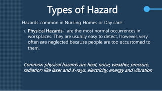 Types of Hazard
Hazards common in Nursing Homes or Day care:
1. Physical Hazards- are the most normal occurrences in
workplaces. They are usually easy to detect, however, very
often are neglected because people are too accustomed to
them.
Common physical hazards are heat, noise, weather, pressure,
radiation like laser and X-rays, electricity, energy and vibration
 