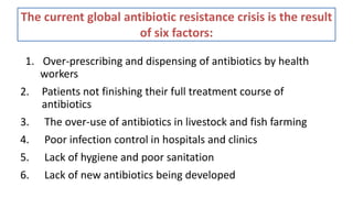 The current global antibiotic resistance crisis is the result
of six factors:
1. Over-prescribing and dispensing of antibiotics by health
workers
2. Patients not finishing their full treatment course of
antibiotics
3. The over-use of antibiotics in livestock and fish farming
4. Poor infection control in hospitals and clinics
5. Lack of hygiene and poor sanitation
6. Lack of new antibiotics being developed
 