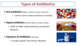 Oral antibiotics (tablets, capsules or syrup, suspension)
 Used for mild to moderate infections in the body
Topical antibiotics (creams, lotions, sprays or drops)
 which are often used to treat eye, ear and skin
infections
Injections of antibiotics ( Injection)
 Usually used for more serious infections
Types of Antibiotics
 