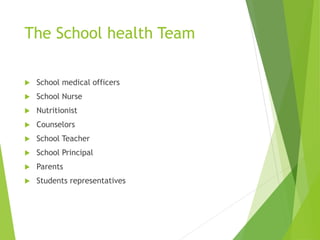 The School health Team
 School medical officers
 School Nurse
 Nutritionist
 Counselors
 School Teacher
 School Principal
 Parents
 Students representatives
 