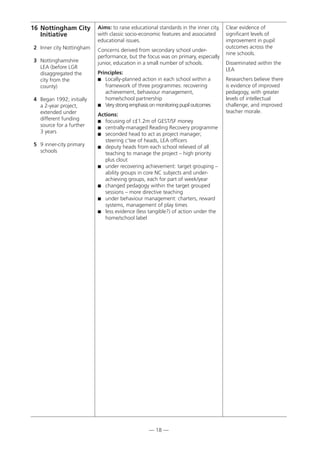 — 18 —
16 Nottingham City
Initiative
2 Inner city Nottingham
3 Nottinghamshire
LEA (before LGR
disaggregated the
city from the
county)
4 Began 1992; initially
a 2-year project,
extended under
different funding
source for a further
3 years
5 9 inner-city primary
schools
Aims: to raise educational standards in the inner city,
with classic socio-economic features and associated
educational issues.
Concerns derived from secondary school under-
performance, but the focus was on primary, especially
junior, education in a small number of schools.
Principles:
 Locally-planned action in each school within a
framework of three programmes: recovering
achievement, behaviour management,
home/school partnership
 Very strong emphasis on monitoring pupil outcomes
Actions:
 focusing of c£1.2m of GEST/SF money
 centrally-managed Reading Recovery programme
 seconded head to act as project manager;
steering c’tee of heads, LEA officers
 deputy heads from each school relieved of all
teaching to manage the project – high priority
plus clout
 under recovering achievement: target grouping –
ability groups in core NC subjects and under-
achieving groups, each for part of week/year
 changed pedagogy within the target grouped
sessions – more directive teaching
 under behaviour management: charters, reward
systems, management of play times
 less evidence (less tangible?) of action under the
home/school label
Clear evidence of
significant levels of
improvement in pupil
outcomes across the
nine schools.
Disseminated within the
LEA
Researchers believe there
is evidence of improved
pedagogy, with greater
levels of intellectual
challenge, and improved
teacher morale.
 
