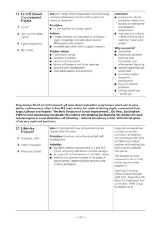 — 20 —
20 Schenley
Program
2 Pittsburgh, USA
3 District-managed
4 All district schools
Aim: to demonstrate how achievement can be
raised in low SES areas
Principles: intensive, instruction-oriented staff
development
Activities:
 excellent teachers concentrated in a low SES
school, achieving well below national averages
 as a spin-off, school became a staff devt. centre
 other district teachers rotated in for spells of
several weeks, observing these teachers and
studying pedagogy
Large and sustained rises
in scores across the
curriculum at Schenley –
not surprising in the light
of collecting the best
teachers and making both
them and the students
feel special.
The question is: what
happened in the schools
whose teachers were
rotated in?
Joyce (ed) Changing
School Culture through
Staff Devt. Alexandria, VA;
Assoc for Supervision and
Curric devt. 1990 Chapt
by Wallace et al.
19 Cardiff School
Improvement
Project
2 Cardiff
3 LEA, Univ of Wales,
Cardiff
4 2 year programme
5 38 schools
Aim: to change school organisation and encourage
professional development for staff as routes to
raising achievement
Principles:
 to use teachers as change agents
Actions:
 chosen teachers one day/week at university –
given knowledge and skills about teacher
effectiveness and research
 provided each other with a support network
Teachers drove:
 curriculum change
 academic emphasis
 monitoring of progress
 liaison with parents and other agencies
 targeted staff development
 pupil participation and autonomy
Outcomes:
 programme schools
out-performed control
schools on attendance
and academic
achievement
 improvement endured
– 80% of effect still in
evidence 7 years after
project
Why successful?
 ownership
 interaction between
practical local
knowledge and
effectiveness literature
 strong involvement of
senior staff
 incentives (higher
degree for
participants)
 focus on real-life
problems
 change which was
“joined up”
Programmes 20–23 are brief accounts of some direct instruction programmes which aim to raise
student achievement, often in low SES areas and/or for under-achieving pupils, summarised from
Joyce, Calhoun and Hopkins “The New Structure of School Improvement”, OU Press, Buckingham
1999. General conclusions: the greater the enquiry into teaching and learning, the greater the gain;
collateral gains in social dimensions of schooling – reduced disciplinary action, SEN referral; gains
often very rapid and persistent
 