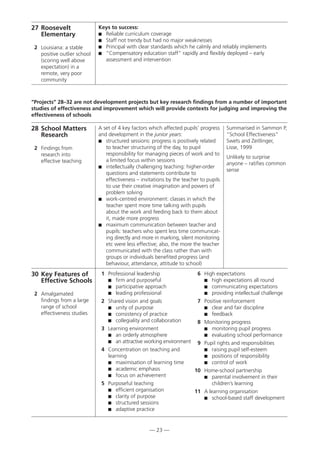 — 23 —
27 Roosevelt
Elementary
2 Louisiana: a stable
positive outlier school
(scoring well above
expectation) in a
remote, very poor
community
Keys to success:
 Reliable curriculum coverage
 Staff not trendy but had no major weaknesses
 Principal with clear standards which he calmly and reliably implements
 “Compensatory education staff” rapidly and flexibly deployed – early
assessment and intervention
30 Key Features of
Effective Schools
2 Amalgamated
findings from a large
range of school
effectiveness studies
1 Professional leadership
 firm and purposeful
 participative approach
 leading professional
2 Shared vision and goals
 unity of purpose
 consistency of practice
 collegiality and collaboration
3 Learning environment
 an orderly atmosphere
 an attractive working environment
4 Concentration on teaching and
learning
 maximisation of learning time
 academic emphasis
 focus on achievement
5 Purposeful teaching
 efficient organisation
 clarity of purpose
 structured sessions
 adaptive practice
6 High expectations
 high expectations all round
 communicating expectations
 providing intellectual challenge
7 Positive reinforcement
 clear and fair discipline
 feedback
8 Monitoring progress
 monitoring pupil progress
 evaluating school performance
9 Pupil rights and responsibilities
 raising pupil self-esteem
 positions of responsibility
 control of work
10 Home-school partnership
 parental involvement in their
children’s learning
11 A learning organisation
 school-based staff development
28 School Matters
Research
2 Findings from
research into
effective teaching
A set of 4 key factors which affected pupils’ progress
and development in the junior years:
 structured sessions: progress is positively related
to teacher structuring of the day, to pupil
responsibility for managing pieces of work and to
a limited focus within sessions
 intellectually challenging teaching: higher-order
questions and statements contribute to
effectiveness – invitations by the teacher to pupils
to use their creative imagination and powers of
problem solving
 work-centred environment: classes in which the
teacher spent more time talking with pupils
about the work and feeding back to them about
it, made more progress
 maximum communication between teacher and
pupils: teachers who spent less time communicat-
ing directly and more in marking, silent monitoring
etc were less effective; also, the more the teacher
communicated with the class rather than with
groups or individuals benefited progress (and
behaviour, attendance, attitude to school)
Summarised in Sammon P,
“School Effectiveness”
Swets and Zeitlinger,
Lisse, 1999
Unlikely to surprise
anyone – ratifies common
sense
“Projects” 28–32 are not development projects but key research findings from a number of important
studies of effectiveness and improvement which will provide contexts for judging and improving the
effectiveness of schools
 