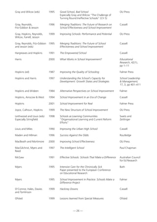 Gray and Wilcox (eds) 1995 Good School, Bad School OU Press
Especially Gray and Wilcox “The Challenge of
Turning Round Ineffective Schools” (Ch 5)
Gray, Reynolds, 1996 Merging Traditions: The Future of Research on Cassell
Fitz-Gibbon  Jesson School Effectiveness and School Improvement
Gray, Hopkins, Reynolds, 1999 Improving Schools: Performance and Potential OU Press
Wilcox, Farrell, Jesson
Gray, Reynolds, Fitz-Gibbon 1995 Merging Traditions: The Future of School Cassell
and Jesson (eds) Effectiveness and School Improvement
Hargreaves and Hopkins 1991 The Empowered School Cassell
Harris 2000 What Works in School Improvement? Educational
Research, 42(1),
pp 1–11
Hopkins (ed) 1987 Improving the Quality of Schooling Falmer Press
Hopkins and Harris 1997 Understanding the School’s Capacity for School Leadership
Development: Growth States and Strategies  Management;
17, 3, pp 401–411
Hopkins and Wideen 1984 Alternative Perspectives on School Improvement Falmer
Hopkins, Ainscow  West 1994 School Improvement in an Era of Change Cassell
Hopkins 2001 School Improvement for Real Falmer Press
Joyce, Calhoun, Hopkins 1999 The New Structure of School Improvement OU Press
Leithwood and Louis (eds) 1998 Schools as Learning Communities Swets and
Especially Stringfield “Organisational Learning and Current Reform Zeitlinger
Efforts”
Louis and Miles 1990 Improving the Urban High School Cassell
Maden and Hillman 1996 Success Against the Odds Routledge
MacBeath and Mortimore 2000 Improving School Effectiveness OU Press
MacGilchrist, Myers and 1997 The Intelligent School Paul Chapman
Reed
McGaw 1991 Effective Schools: Schools That Make a Difference Australian Council
for Ed Research
Myers 1995 Intensive Care for the Chronically Sick Bath
Paper presented to the European Conference
on Educational Research
Myers 1995 School Improvement in Practice: Schools Make a Falmer
Difference Project
O’Connor, Hales, Davies 1999 Hackney Downs Cassell
and Tomlinson
Ofsted 1999 Lessons learned from Special Measures Ofsted
— 26 —
 