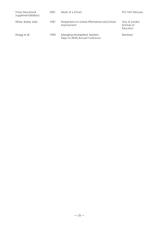 Times Educational 2001 Death of a School TES 16th February
Supplement(Wallace)
White, Barber (eds) 1997 Perspectives on School Effectiveness and School Univ of London
Improvement Institute of
Education
Wragg et all 1999 Managing Incompetent Teachers Montreal
Paper to AERA Annual Conference
— 28 —
 
