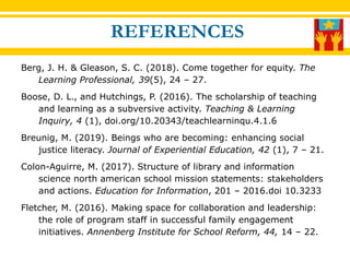 REFERENCES
Berg, J. H. & Gleason, S. C. (2018). Come together for equity. The
Learning Professional, 39(5), 24 – 27.
Boose, D. L., and Hutchings, P. (2016). The scholarship of teaching
and learning as a subversive activity. Teaching & Learning
Inquiry, 4 (1), doi.org/10.20343/teachlearninqu.4.1.6
Breunig, M. (2019). Beings who are becoming: enhancing social
justice literacy. Journal of Experiential Education, 42 (1), 7 – 21.
Colon-Aguirre, M. (2017). Structure of library and information
science north american school mission statements: stakeholders
and actions. Education for Information, 201 – 2016.doi 10.3233
Fletcher, M. (2016). Making space for collaboration and leadership:
the role of program staff in successful family engagement
initiatives. Annenberg Institute for School Reform, 44, 14 – 22.
 