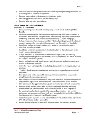 Part: 7

      Teach students self-discipline and self-motivation regarding their responsibilities and
       efforts required to complete assignments.
      Promote independent, in-depth study of the chosen topics.
      Provide opportunities for broad enrichment activities.
      Promote wise and orderly use of time.

HOMEWORK RESPONSIBILITIES
Teachers Are Expected to:
    Set clear and rigorous standards for the quality of work for all students (Rubric
      Based).
    Create an effective system for communicating homework guidelines for parents in
      accordance with standards, and procedures established by the school administration
      and faculty with input from parents and the community (Teacher web pages).
    Collect homework when due; assess and provide timely and appropriate feedback to
      students regarding the completion of assignments and the mastery of standards.
    Coordinate projects so that all students have access to research and resource
      materials, including textbooks.
    Coordinate homework assignments with other teachers so that all students do not
      receive excessive assignments.
    Assign homework in those areas which have been taught or are academically
      challenging and appropriate to the student’s level of competence and which promote
      the student’s intellectual growth.
    Design quality homework which is novel, varied, authentic, and tied to mastery of
      student performance standards.
    Allow for varied learning styles by including choices in types of assignments, when
      possible.
    Teachers should work to coordinate the assignment of tests and projects to avoid
      saturation.
    Provide students with a reasonable estimate of the amount of time necessary to
      complete each homework assignment.
    Provide specific written explanation of long-term homework assignments so that the
      requirements, expectation, and timelines are clearly understood by the students.
    Provide students the opportunity to ask questions to clarify homework assignments.
    Evaluate group projects based upon individual student participation and group
      process and allow time in class for individuals and groups to work on projects.
    Be sensitive to cultural and societal differences and expectations vis-à-vis the
      assignment and assessment of homework (e.g., impact of religious holiday, field trips,
      family emergencies, State and Local Testing dates).
    Teams/Grades are expected to have consistent homework guidelines that are with-in
      CCSD board policy and are reasonable.
    Parents will be informed of homework assignments via the teacher’s web site.



2012-13 School Improvement Plan
Etowah High School                                                               Page 112
 