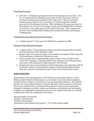 Part: 7

Work Based Learning

      2010-2011 - 65 Students participated in the GA Work Ready test in the 2010 – 2011
       SY; 13 Gold Certificates (Students possess skills for 90% of the jobs); 35 Silver
       Certificates (Students possess skills for 65% of the jobs); 13 Bronze certificates
       (students possess skills for 35% of the jobs); 5 of 6 special education students
       received a GA Work Ready Certificate. WBL facilitated a 93% pass rate on the GA
       Work Ready Test (134 out of 144 students earned a GA WORK READY Certificate)
       over the past 2 years while achieving 20% gold in both years. These students were
       tested in 3 areas including Math, Reading and Locating Information, and Reading
       Comprehension.

Transportation and Logistics Program (Automotive)

      2 students placed 3rd in the state at the SkillsUSA competition in 2009

Broadcast Video Productions Program

      1 student tied for 3rd place nationally with his stop action animation film for Student
       Television Network at Fall Nationals in 2009
      Student videos were chosen by judges to be included in the Student Works Festival at
       The Strand theatre in Marietta for the past two years.
      Various students have completed public projects such as a kick off video for the
       United Way campaign, a video played daily at the Allatoona Lake Welcome Center,
       and a music video produced for singer/songwriter Alia Christian.
      Students have also secured production-related employment in the community with the
       TownLaker website, a local production company, and Woodstock Baptist Church.
       They also continue to encourage their peers to get involved and become noticed.

Senior Project Plan

Senior Project is the concluding phase of The Cherokee County School District’s Career
Pathway model initiated to better prepare you, the student, to meet the needs of employers,
technical schools, colleges, or universities in your post-secondary endeavors. This initiative
provides you with a capstone Project to showcase the skills you have acquired over the past
eleven years of public school. It combines both academic as well as career requirements
intended to challenge your ability, stretch your limitations, and celebrate your individuality.
In addition to completing the requirements for your senior English curriculum, you will also
complete each of the four components of the Project:

•Research Paper (1st semester)
•Product ( 2nd Semester)
•Portfolio (2nd semester)
•Presentation, Senior Boards (2nd semester – 15% of 2nd semester grade)


2012-13 School Improvement Plan
Etowah High School                                                                Page 116
 