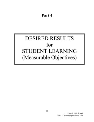 Part 4




 DESIRED RESULTS
         for
STUDENT LEARNING
(Measurable Objectives)




          37
                             Etowah High School
                 2012-13 School Improvement Plan
 