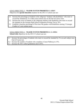 GOAL/OBJECTIVE 5 – MAJOR SYSTEM PRIORITES 1 AND 5
  Objectives for special education students for the 2012-13 school year are:

 5.1 Increase the percentage of students in the subgroup “students with disabilities” who meet or
     exceed the standard by 2% within each content area on all End of Course Tests.
 5.2 Increase the score of students in the subgroup students with disabilities who meet or exceed
     the standard on the Georgia High School Graduation Writing Test to 78%.
 5.3 Establish a baseline percentage of first time 9th graders with disabilities earning 3 Carnegie
     Credits in 3 core content areas.


  GOAL/OBJECTIVE 6 – MAJOR SYSTEM PRIORITES 1, 5, AND 6
  School-wide objectives for the 2012-13 school year are:

6.1 Increase the percentage of students who meet or exceed the standard by 2% on each subject area
    End of Course test.
6.2 Increase the number of students who complete a Career Pathway to 15%.
6.3 Increase the 2013 cohort graduation rate to 85%.




                                                  40
                                                                             Etowah High School
                                                                 2012-13 School Improvement Plan
 